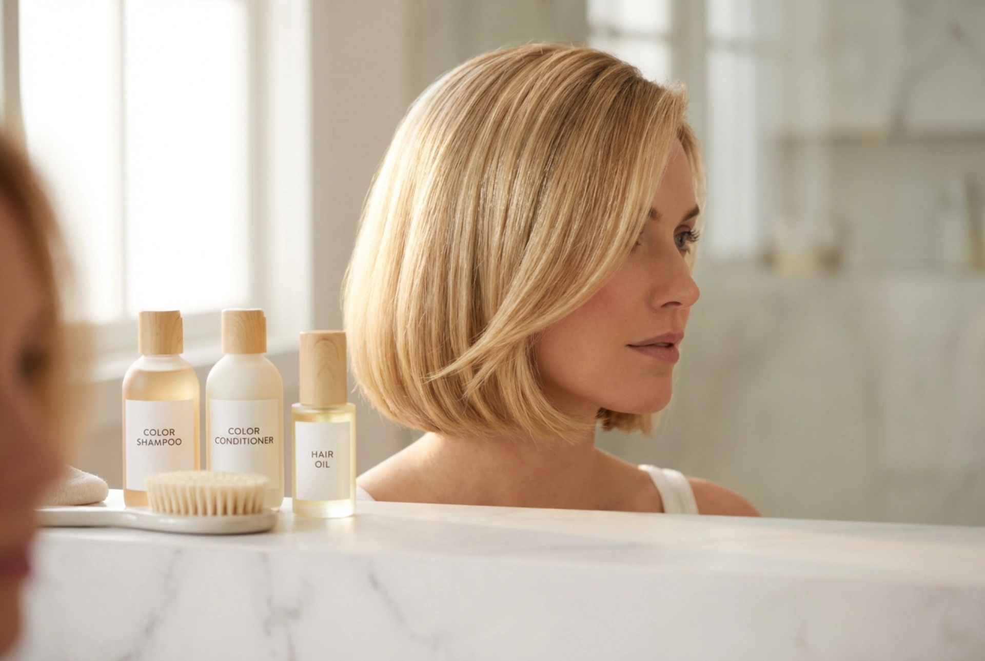 Lyhyet vaaleat hiukset: muotoilu värisuojalla ja kiillolla