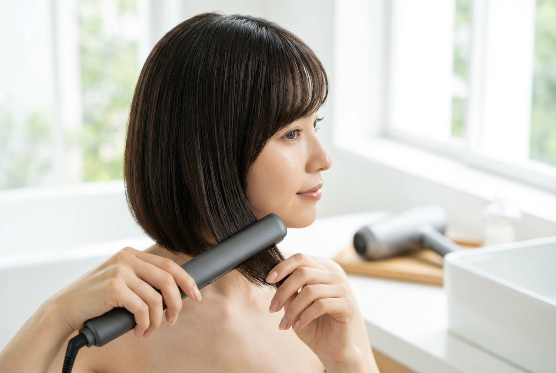 Bob-kampaus sivuotsatukalla: kuivaus, suoristus ja kiinnitys