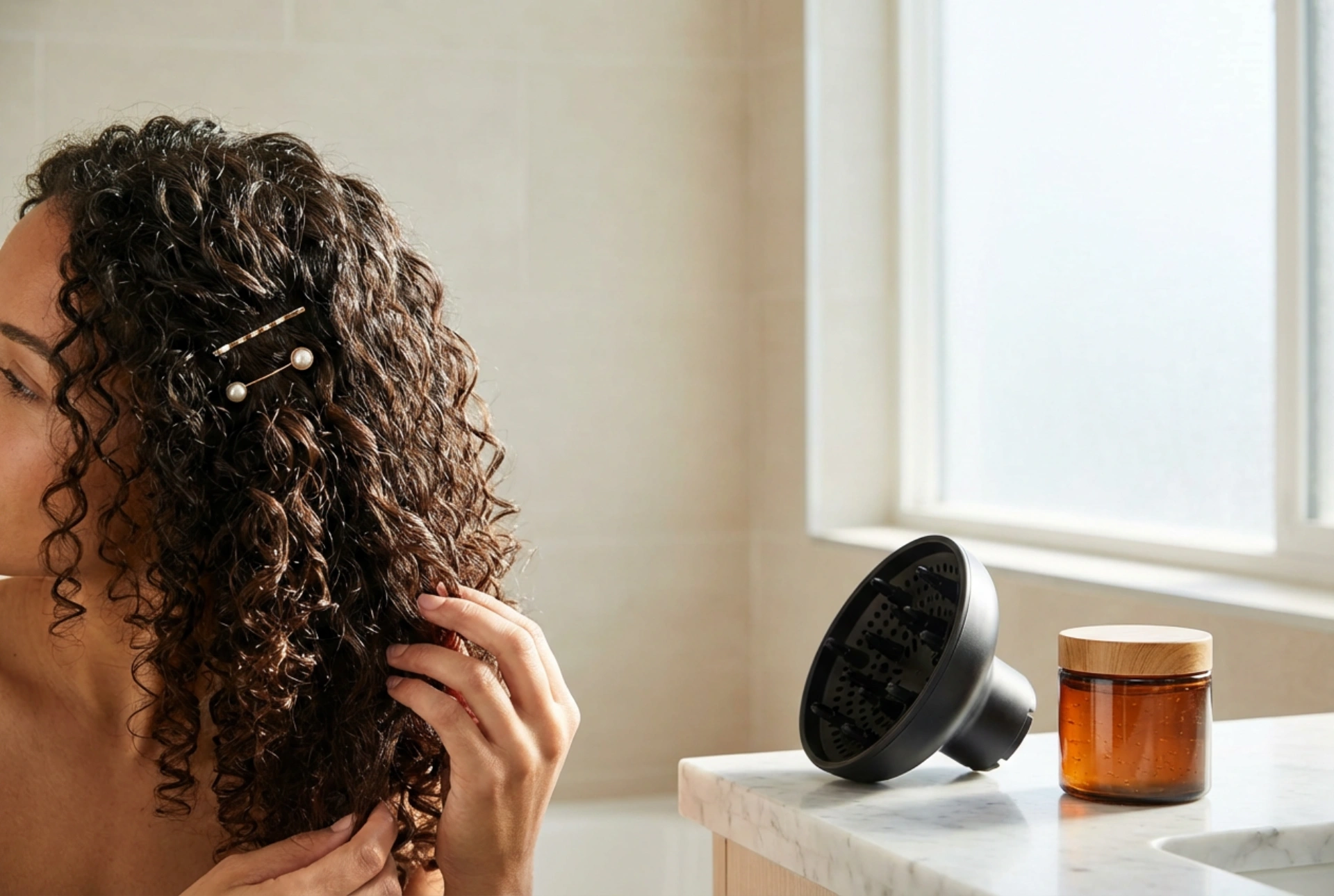Määritellyt kiharat: diffuuseri, geeli ja hiuspinnit upeaan kampaukseen
