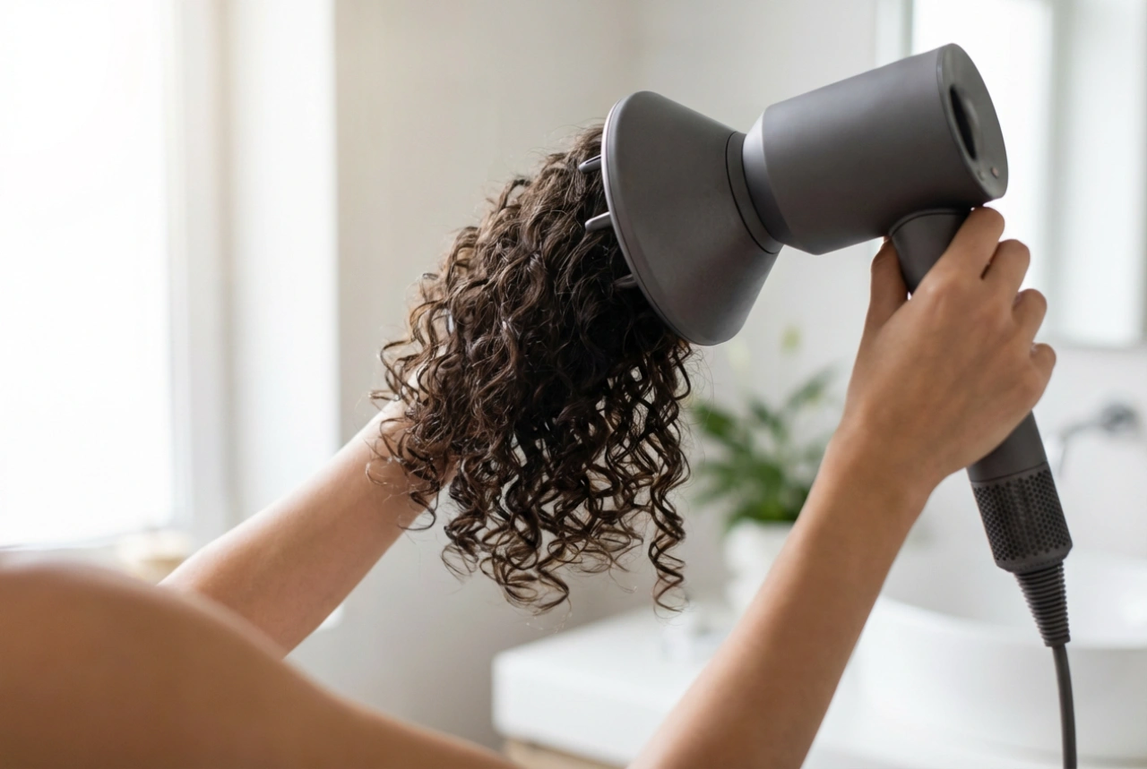 Kiharien hiusten kuivaus hiustenkuivaajalla: Asetukset, diffuusori ja kiharan suojaus