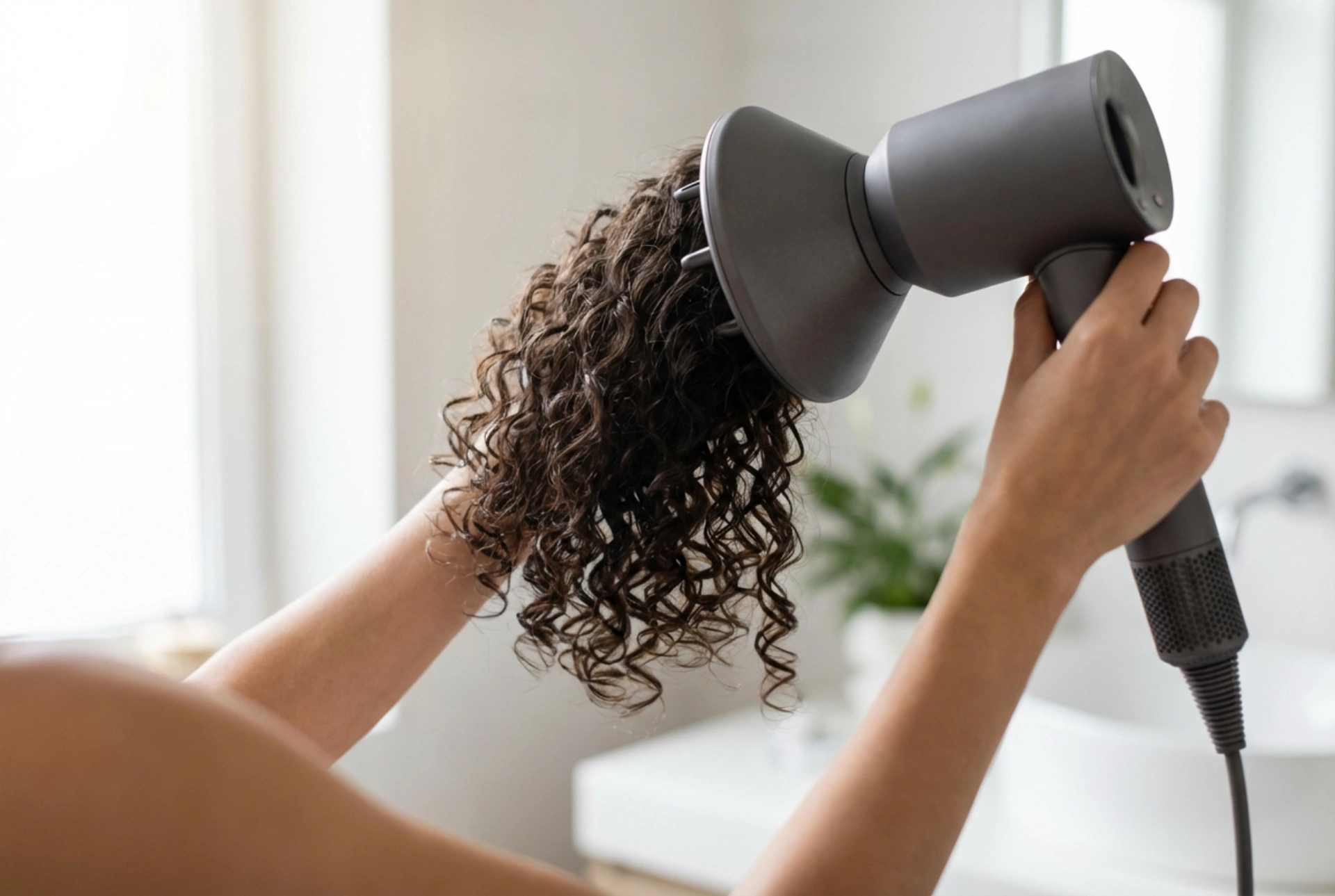 Kiharien hiusten kuivaus hiustenkuivaajalla: Asetukset, diffuusori ja kiharan suojaus