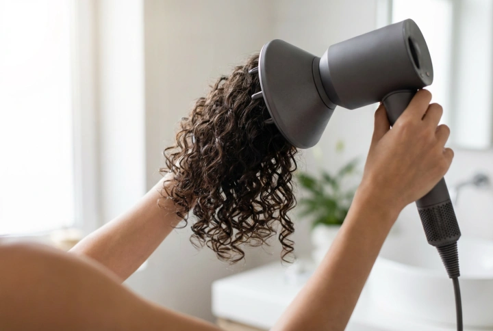 Kiharien hiusten kuivaus hiustenkuivaajalla: Asetukset, diffuusori ja kiharan suojaus