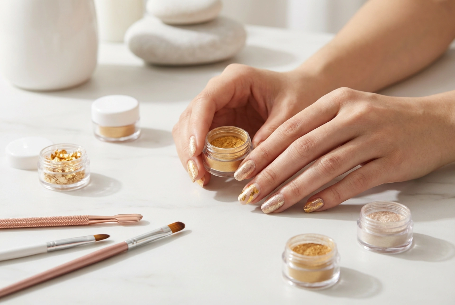 Kultaiset kynsikoristelut: Ideoita foliolla, kimalluksella ja nopeilla yksityiskohdilla