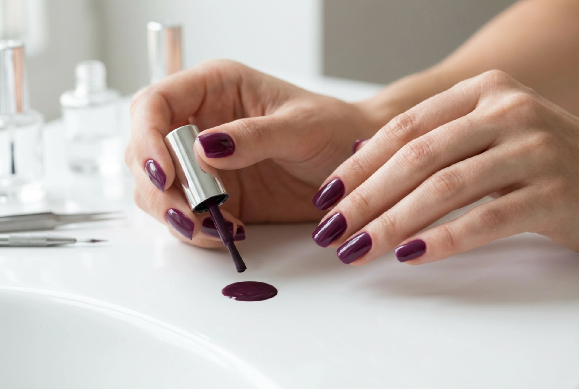 Luumunväriset geelikynnet: valmistelu, levitys ja koristelu