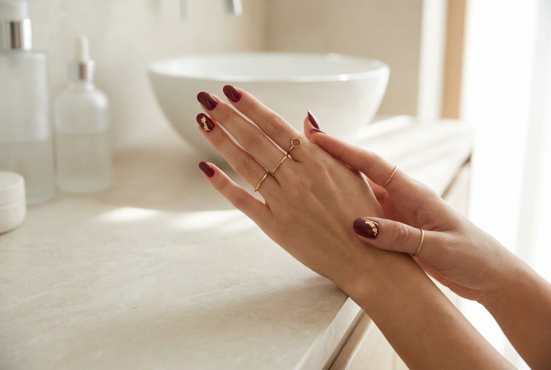 Viininpunaiset kynnet koristelulla: yksinkertaiset korostukset askel askeleelta