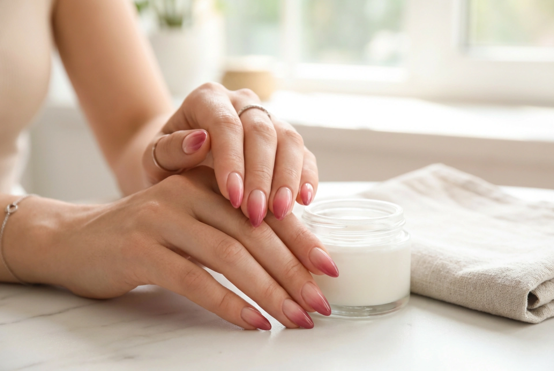 Vaaleanpunaiset ombre-kynnet: romanttinen gradientti askel askeleelta