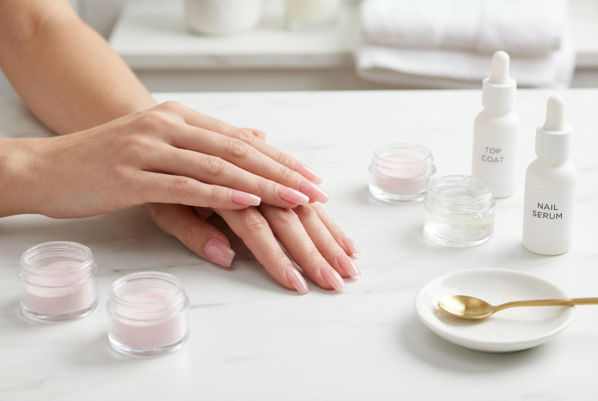 Vaaleanpunaiset kiiltävät kynnet: lasiefekti, kynsipuuteri ja päällyslakka