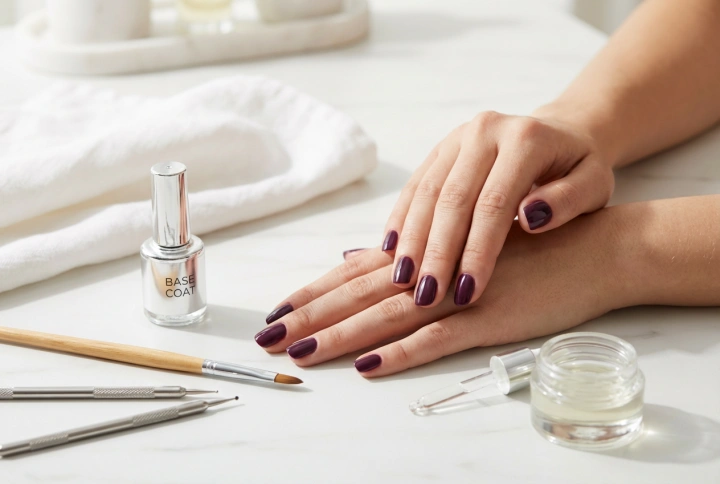 Luumunväriset geelilakatut kynnet: kynsilevyn valmistelu, lakkaus ja koristelu